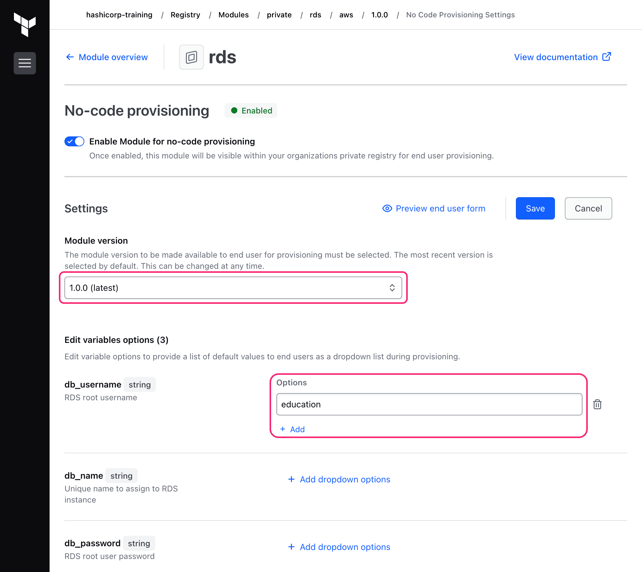 No-code module settings