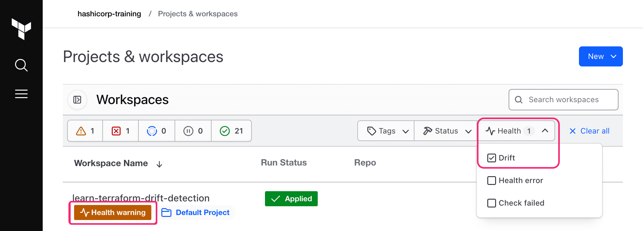 HCP Terraform workspaces filter by health assessment result