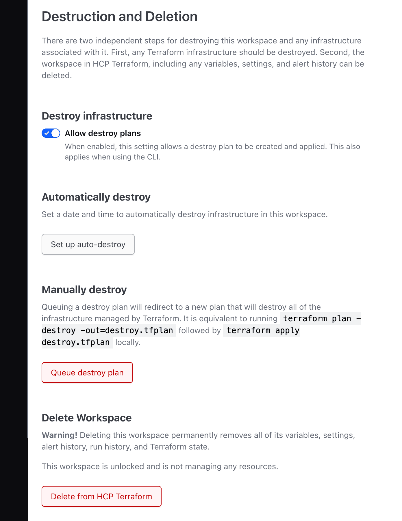 HCP Terraform workspace destruction and deletion